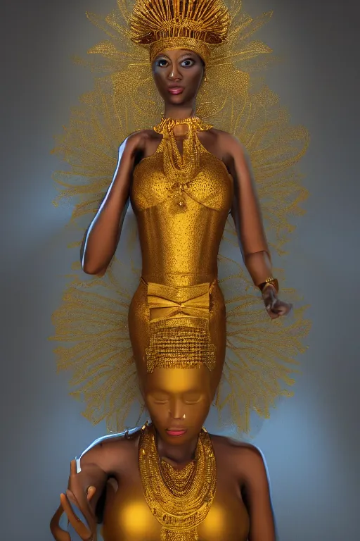 Image similar to a photorealistic portraitof a detailed african queen wearing a golden dress during her coronation worship, tarot, religious, backlit, hyperrealistic, ultrawide angle, smooth, texture, intricate, fantasy, trending on artstation, volumetric lighting, hyperdetailed, 3 d sculpture, unreal engine