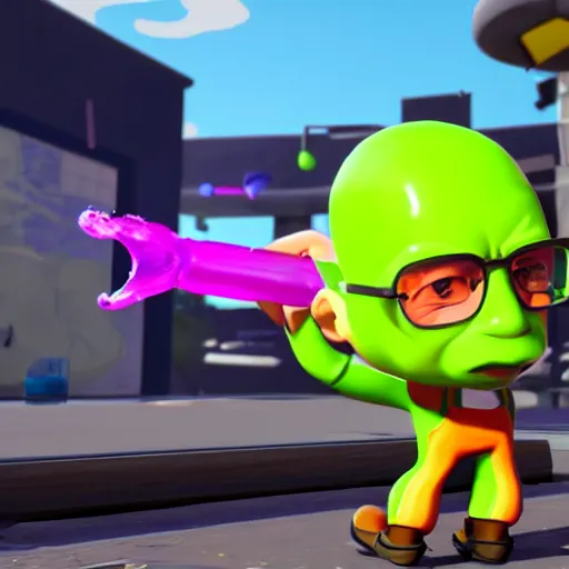 Image similar to walter white as a splatoon inkling, wide shot, in game screenshot, unreal engine, high definition