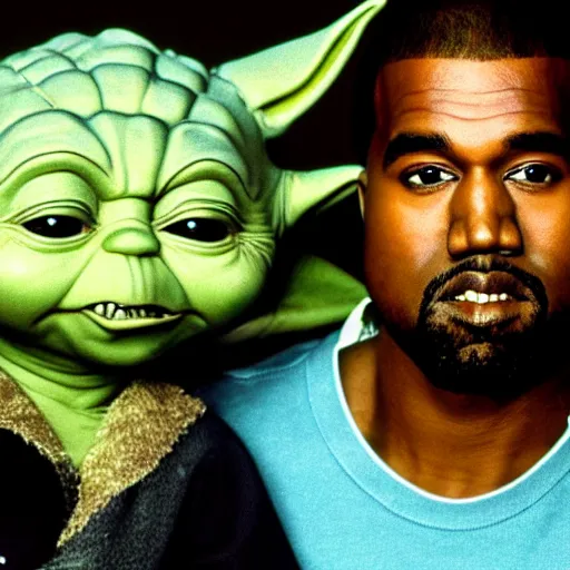 Image similar to kanye west smiling and holding yoda yoda for a 1 9 9 0 s sitcom tv show, studio photograph, portrait