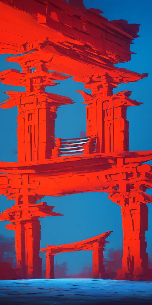 Prompt: the red torii gate!!! a highly detailed cinematic oil painting by roger dean and alena aenami, dynamic lighting