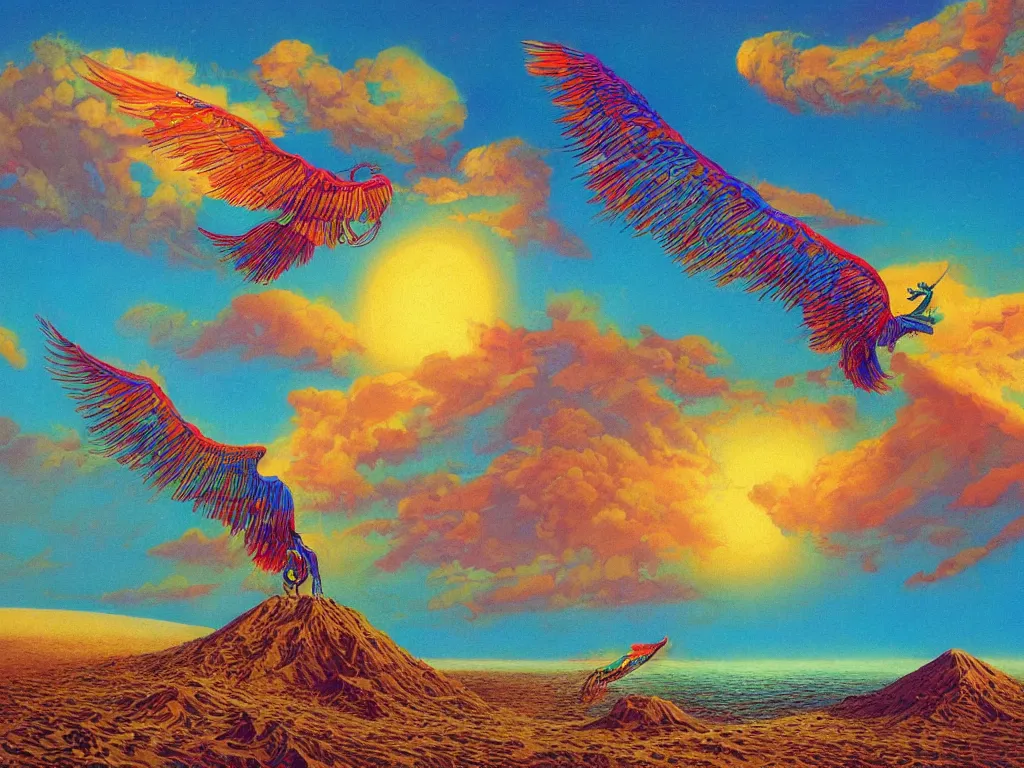 Image similar to quetzalcoatl flying over sand dunes and an ocean on a strange planet, by bruce pennington, by sam freio, by thomas rome, by victor mosquera, juxtapoz, behance, dayglo, prismatic, iridescent