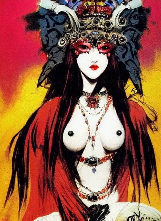 Image similar to female korean vampiress, jeweled headdress, heavy mascara, strong line, saturated color, beautiful! coherent! by frank frazetta, high contrast, minimalism