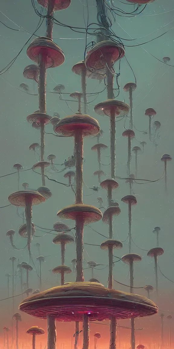 Image similar to mushroom starship with long tendrils, lots of hanging cables and wires, messy cords, sci - fi concept art, by john harris, by simon stalenhag, stunning, award winning