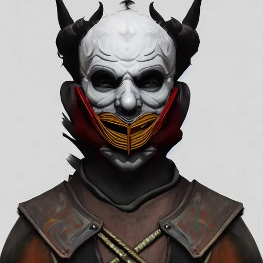 Image similar to a digital painting of a man wearing a mask playing a guitar, young handsome pale roma, grim dark jester from gwent cards, a character portrait by senior character artist, polycount, vanitas, sketchfab, speedpainting, zbrush