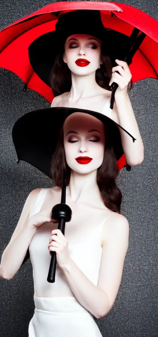 Prompt: a beautiful white pale skin girl, greg background, black dress, vibrent red lipstick, a black hat, black umbrella