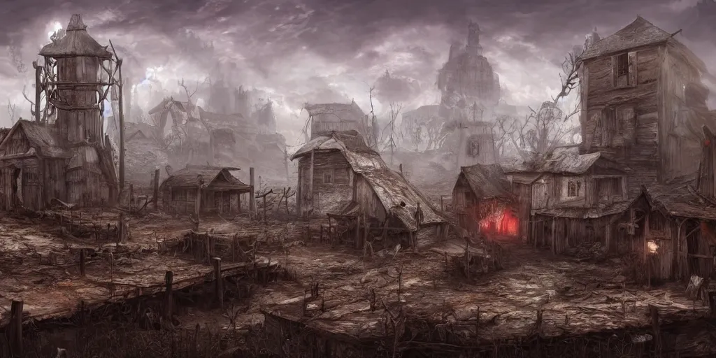 Image similar to old farmers town, apocalyptic fantasy, mmo, digital art, 4 k