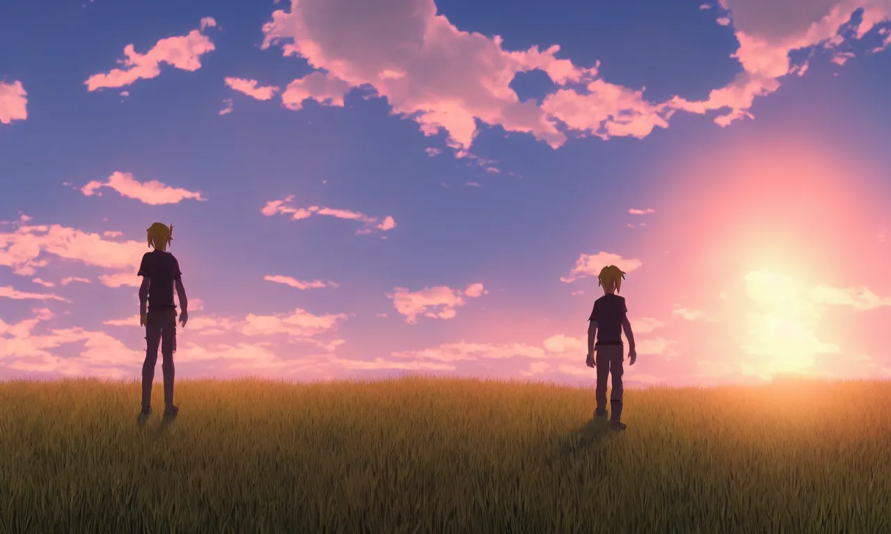 Prompt: Link standing in a grassy field at sunset, cinematic lighting, style by Makoto Shinkai