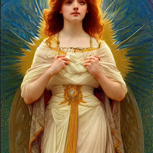 Prompt: portrait of the goddess of the sun who looks like Ana de Armas and Saoirse Ronan, D&D, fantasy, intricate, elegant, highly detailed, digital painting, artstation, smooth, sharp focus, art nouveau illustration, by Alphonse Mucha and William Adolphe Bouguereau