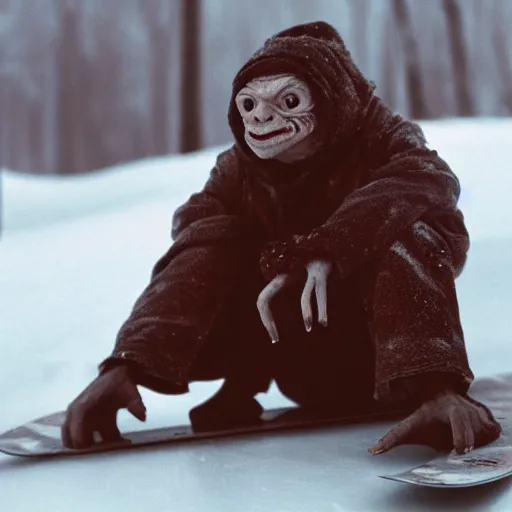 Prompt: Gollum on snowboard with cigarette in mouth