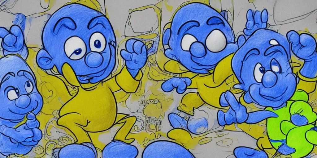 Prompt: a detailed drawing in lapis of smurfs connected an a brain