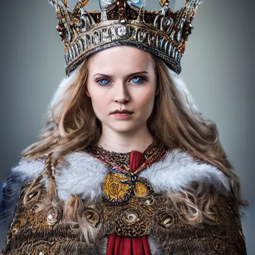 Image similar to beautiful nordic queen with ornate cloak and crown, highly detailed, 4k, HDR, smooth, sharp focus, hyper realistic, high resolution, award-winning photo