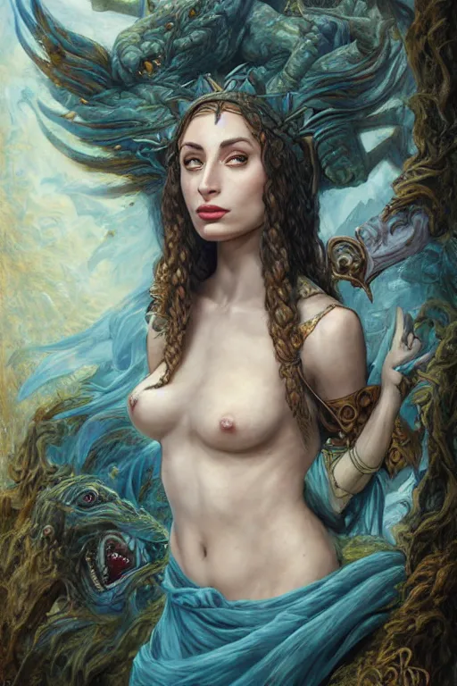 Image similar to A fantasy comic book style portrait painting of, hybrid, Oona Chaplin, Sophie Turner, as an Atlantean, Reptilian Warrior, Mystical Valkyrie, François Boucher, Oil Painting, unreal 5, DAZ, hyperrealistic, octane render, Regal, Refined, Detailed Digital Art, RPG portrait, Michael Cheval, William-Adolphe Bouguereau, Walt Disney (1937), Steampunk, dynamic lighting, Highly Detailed, Cinematic Lighting, Unreal Engine, 8k, HD