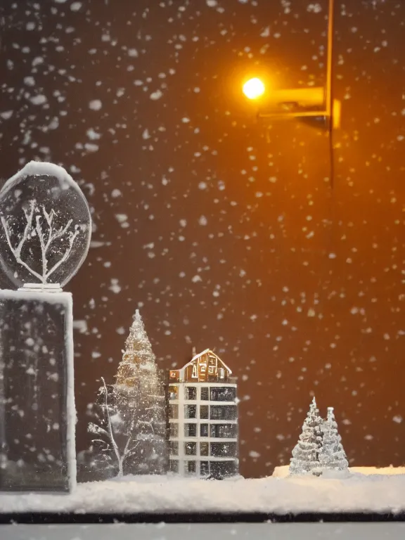 Image similar to snow globe diorama of tiny soviet residential building, lights are on in the windows, cozy atmosphere, fog, cold winter, snowing, streetlamps with orange volumetric light, birches