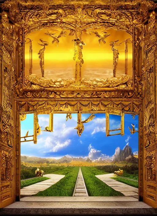 Image similar to Fine Art photo landscape, gates of heaven, golden kingdom, Flying angels, photorealism, 8k