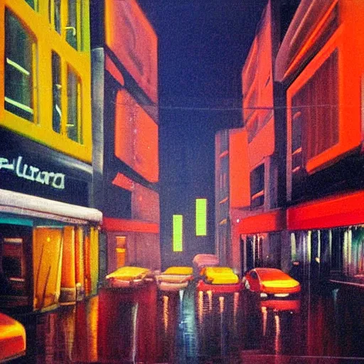 Image similar to city streetscape, dark road with cars, people at night, tall buildings with shops below at street level, neon lights above shops, headlights and stop lights illuminating surroudings, raining, very dark lighting, abstract oil painting, 1 9 8 2 aesthetic