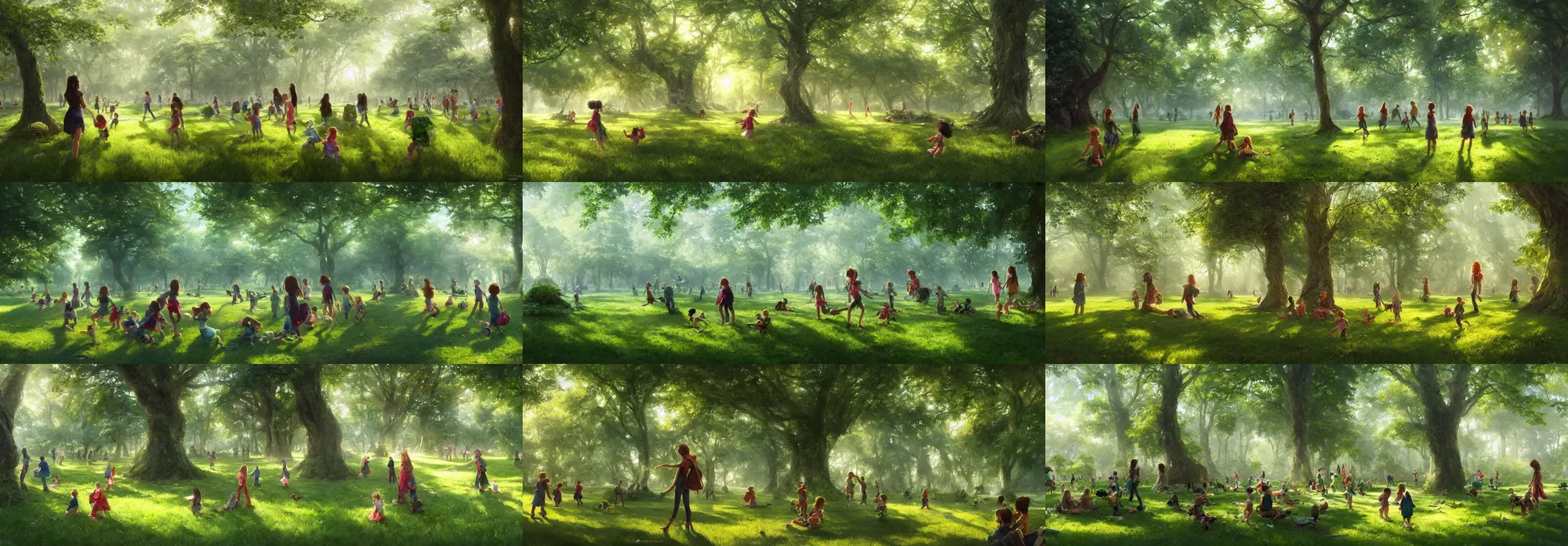 Prompt: beautiful sunny day in a green lush park, kids playing, soft warm lighting, highly detailed, digital painting, trending on artstation, concept art, sharp focus, illustration, art by artgerm and greg rutkowski and magali villeneuve