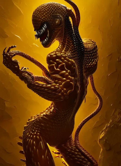 Image similar to female gold venom, naturel, hyper detailed, digital art, trending in artstation, cinematic lighting, studio quality, smooth render, unreal engine 5 rendered, octane rendered, art style by klimt and nixeu and ian sprigger and wlop and krenz cushart