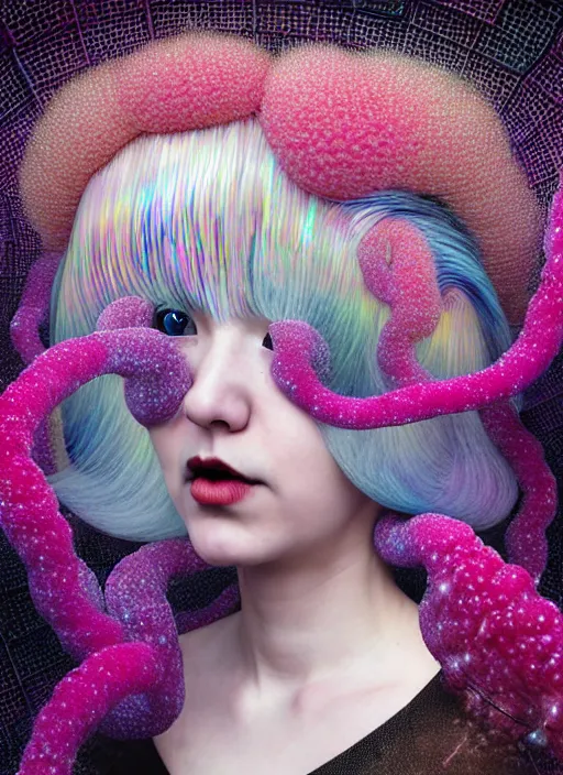 Image similar to hyper detailed 3d render like a Oil painting - kawaii portrait Aurora (white haired Singer Ferret) seen Eating of the Strangling network of yellowcake aerochrome and milky Fruit and Her delicate Hands hold of gossamer polyp blossoms bring iridescent fungal flowers whose spores black the foolish stars by Jacek Yerka, Mariusz Lewandowski, Houdini algorithmic generative render, Abstract brush strokes, Masterpiece, Edward Hopper and James Gilleard, Zdzislaw Beksinski, Mark Ryden, Wolfgang Lettl, hints of Yayoi Kasuma, octane render, 8k