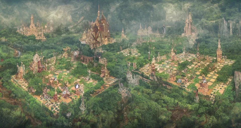 Image similar to Birdview of fairytale vast lands as a chess board. Forests, meadows or cities in each different square, 4k, octane, digital painting, artstation, concept art, sharp focus, illustration, art by artgerm and greg rutkowski and alphonse mucha