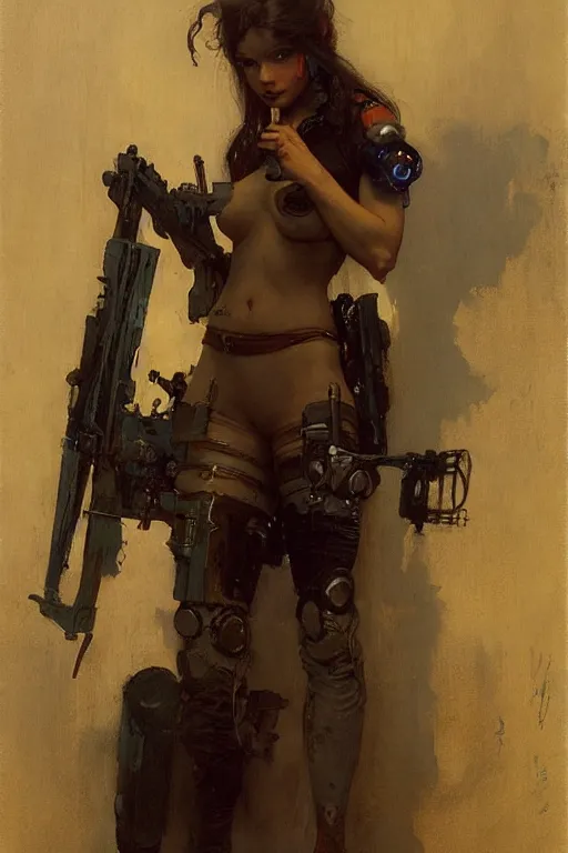 Image similar to portrait max mad cyberpunk, girl with a rifle character design, painting by gaston bussiere, katsuya terada, nc wyeth, greg rutkowski, craig mullins, vermeer, frank frazetta, tom of finland, trending on artstation, jeffery catherine jones