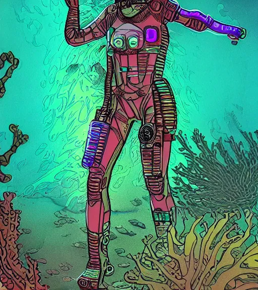 Image similar to a cyberpunk diver Polynesian woman swims through a dark bioluminescent alien coral reef, techwear, Industrial Scifi, detailed illustration, character portrait, by Martin Grip and Moebius