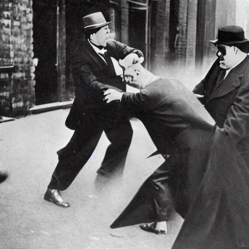 Image similar to old black and white photo, 1 9 2 5, depicting batman fighting a al capone in black tie and suit in an alley of new york city, rule of thirds, historical record