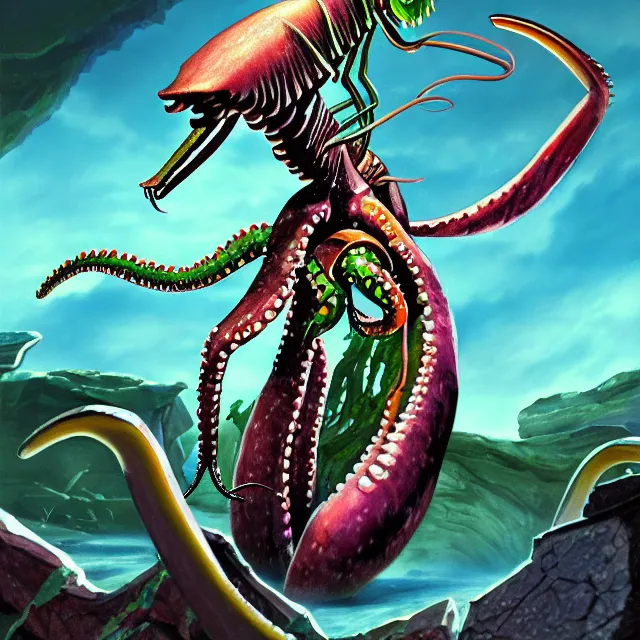 Image similar to a digital illustration of a land - dwelling squid monster with preying mantis claws, magic the gathering card painting, hq scan