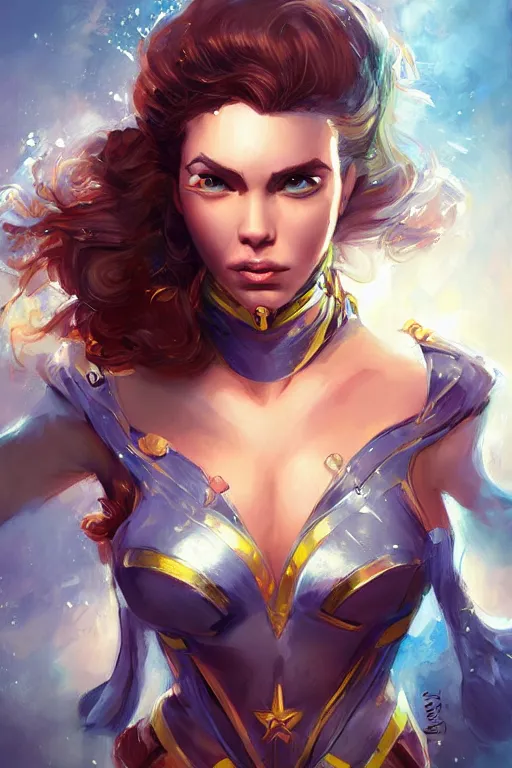 Image similar to three quarters portrait of a beautiful woman,super hero costume,heroic pose,highly detailed, digital painting,illustration, art by Stanley Lau