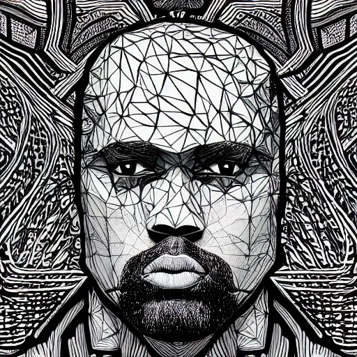 Image similar to Geometrically surreal Kanye, extremely high detail, photorealistic, intricate line drawings, dotart, album art in the style of James Jean