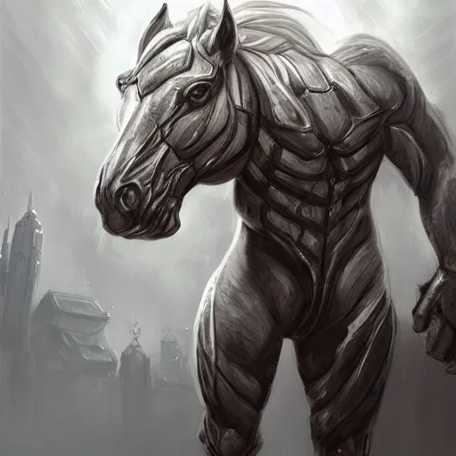 Image similar to a musclebound anthropomorphized horse with a magnificently muscular physique wearing a tight segmented armor while protecting a facility, long white mane, equine, anthro art, furaffinity, highly detailed, digital painting, artstation, sharp focus, concept art, illustration, art by artgerm, greg rutkowski, wlop