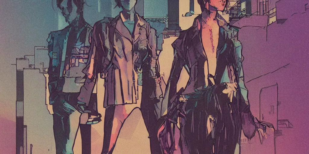 Prompt: a close - up grainy risograph of cyberpunk japanese model girl glance matte poster, cellophane accessories, transparent clothes blue hour, twilight, by moebius and lehr paul