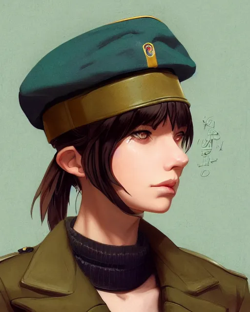 Image similar to potrait bust of young woman with shoulder length light brown hair and hazel eyes dressed in a sharp dark teal military uniform and beret, symmetry, anime, ilya kuvshinov, greg rutkowski, guweiz, ross tran, loish, svetlana tigai, artgerm, artstation trending, concept art, digital painting