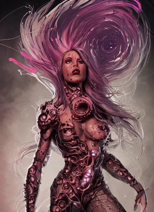 Image similar to comic art,Sprial, a beautiful female six-armed Mutant and Cyborg Sorcerer with white hair dancing in the air,melting,full character design,8k,art by Stanley Artgermm,Travis Charest,Carne Griffiths,trending on Artstation,face enhance,hyper detailed,full of colour,cinematic,dynamic lighting