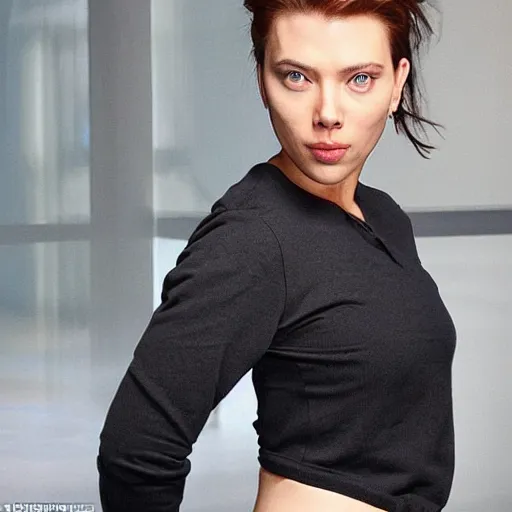 Image similar to a woman who is a genetic combination of scarlett johansen and marie iitoyo face and upper - body focus