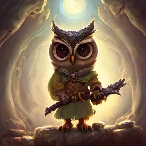 Image similar to cute little anthropomorphic Owl, wielding a magic staff, tiny, small, short, Wizard robe, cute and adorable, pretty, beautiful, DnD character art portrait, matte fantasy painting, DeviantArt Artstation, by Jason Felix by Steve Argyle by Tyler Jacobson by Peter Mohrbacher, cinema