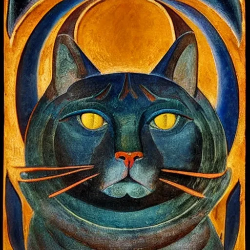 Prompt: ancient polychrome sculpture of a sacred cat head, by annie swynnerton and diego rivera and nicholas roerich and jean delville, symbolist, dramatic lighting, god rays, elaborate geometric ornament, art brut, rich colors, smooth sharp focus, extremely detailed, adolf wolfli