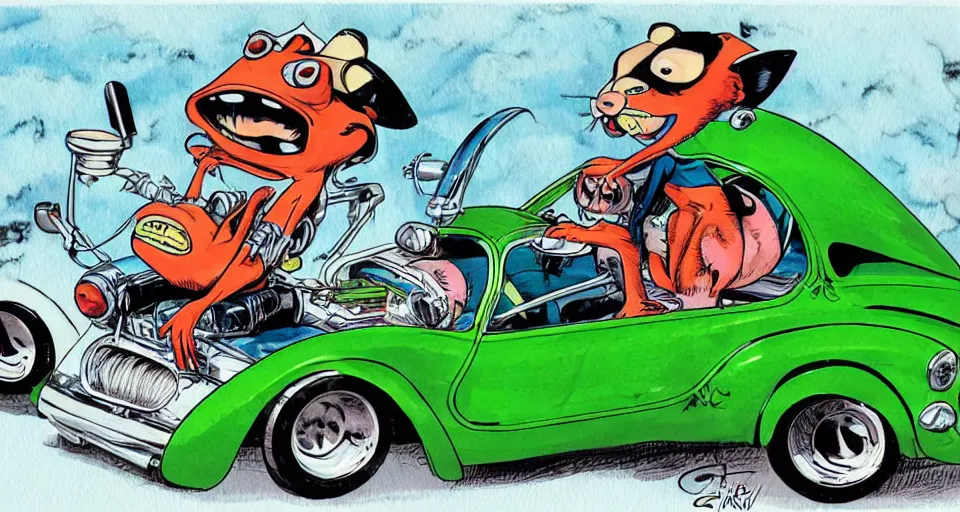 Image similar to funny, comic book style, racoon riding in a tiny hot rod coupe with oversized engine, ratfink style by ed roth, centered award winning watercolor pen illustration, by chihiro iwasaki, edited by range murata