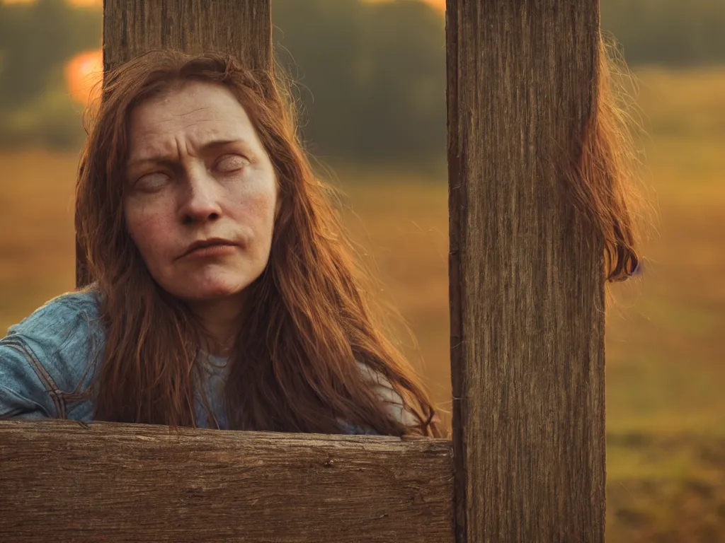Image similar to close up portrait bust of woman sitting on fence, tired expression, faded color film, russian cinema, tarkovsky, technicolor, heavy forest, wood cabin in distance, shallow depth of field, long brown hair, old clothing, heavy fog, brown color palette, sunset, low light, hudson river school, 4 k, dramatic lighting