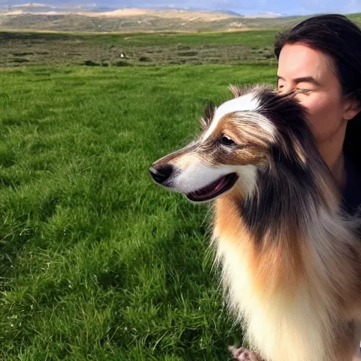 Image similar to a giant Sheltie is looking down at it's ant sized human owner