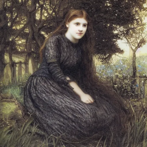 Prompt: photo of young woman by arthur hughes