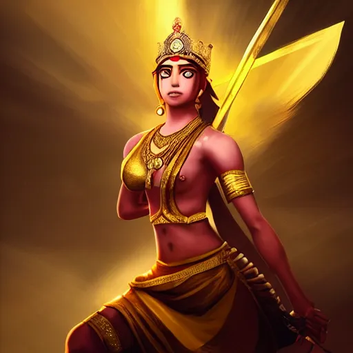 Prompt: an indian warrior woman with a powerful, seductive, strong, playful face holding a sword, volumetric lighting, golden theme, golden light, wearing a crown, anime style, by makoto shinkai