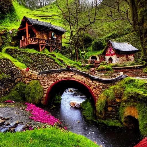 Image similar to spring festival at medieval hobbit village, ornate, beautiful, atmosphere, vibe, mist, smoke, fire, chimney, rain, wet, pristine, puddles, waterfall, melting, dripping, snow, creek, moss, ice, bridge, rainbow, cobble, jungle, roses, flowers, color page, 4 k, contest winner