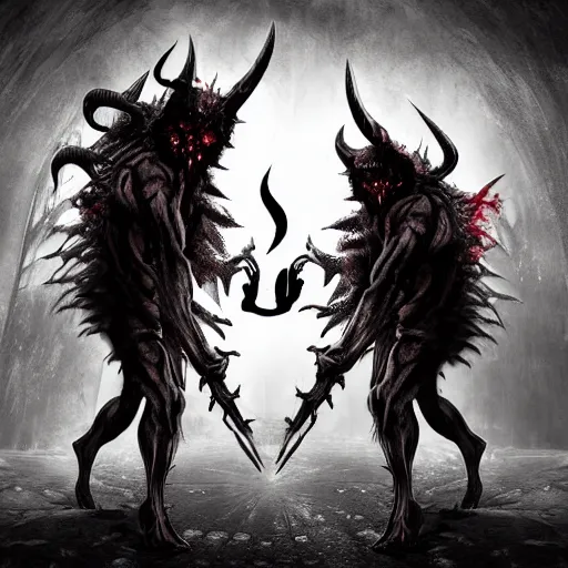 Image similar to Two demons fight each other in hell , dark gothic style, artwork, 4k