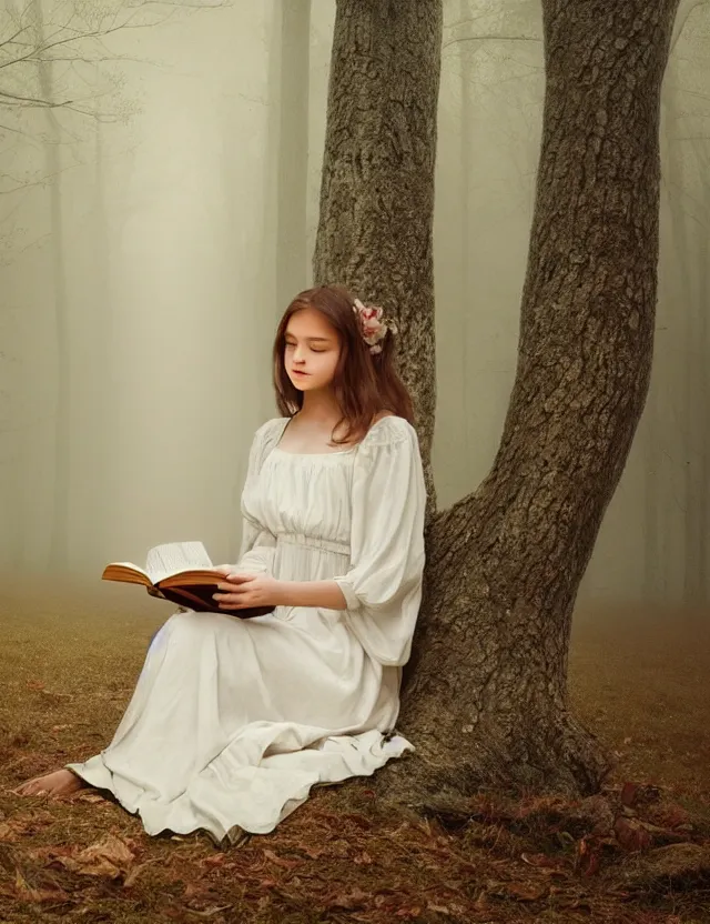 Image similar to beautiful peasant Girl in long white dress reading a book sitting on a tree in a foggy forest, Cinematic focus, Polaroid photo, vintage, neutral colors, soft lights, by Steve Hanks, by Serov Valentin, by lisa yuskavage, by Andrei Tarkovsky 8k render, detailed, oil on canvas