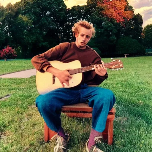 Image similar to 1 9 9 0 s candid 3 5 mm photo of a man sitting on a bench in a park playing guitar, cinematic lighting, cinematic look, golden hour, the clouds are epic and colorful with cinematic rays of light, photographed by petra collins, hyper realistic