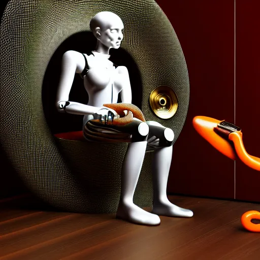 Image similar to cyborg sitting Infront of snake who's getting into gramophone, high quality image, 3Drender, long shot denoise