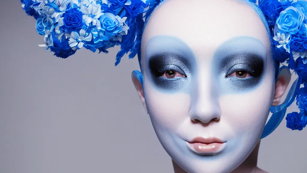 Prompt: symmetrical close - up portrait of a woman wearing a translucent silicone beauty mask and blue hair, wearing a black bodysuit by alexander mcqueen, plastic translucent flowers, white background, soft diffused light, biotechnology, humanoide robot, bjork aesthetic, translucent, intricate details, highly detailed, masterpiece,