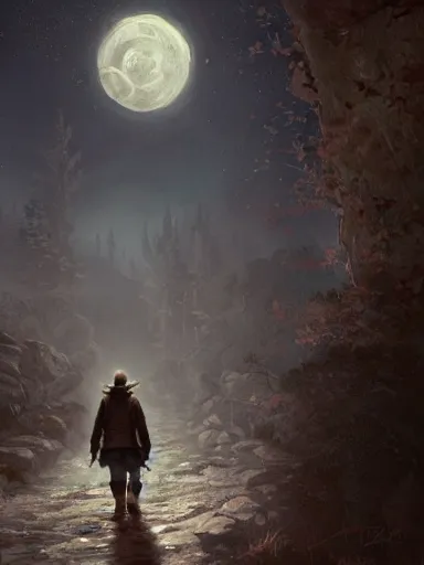 Image similar to an old man, walking in the night under the moonlight. besides a rocky river. intricate, elegant, highly detailed, digital painting, artstation, concept art, sharp focus, illustration, by justin gerard and artgerm, 8 k