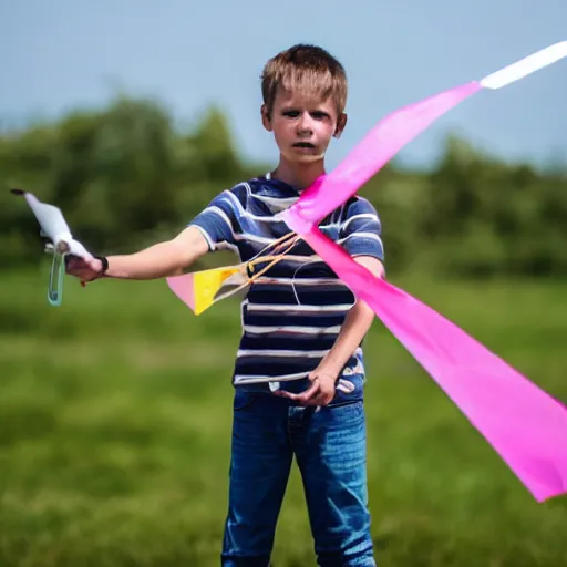 Prompt: a boy flying a drone as if it were a kite tied to a string.