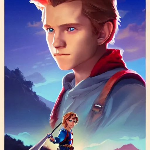 Prompt: Link The movie,live action,played by Tom Holland, blonde hair,detailed 8k,in the style of a movie poster,medium shot,by rossdraws and greg rutkowski